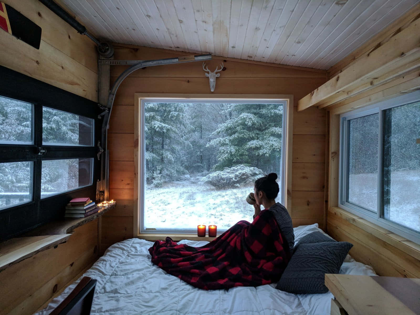 Cozy Winter Cabin Surrounded by Snowy Forest Wallpaper