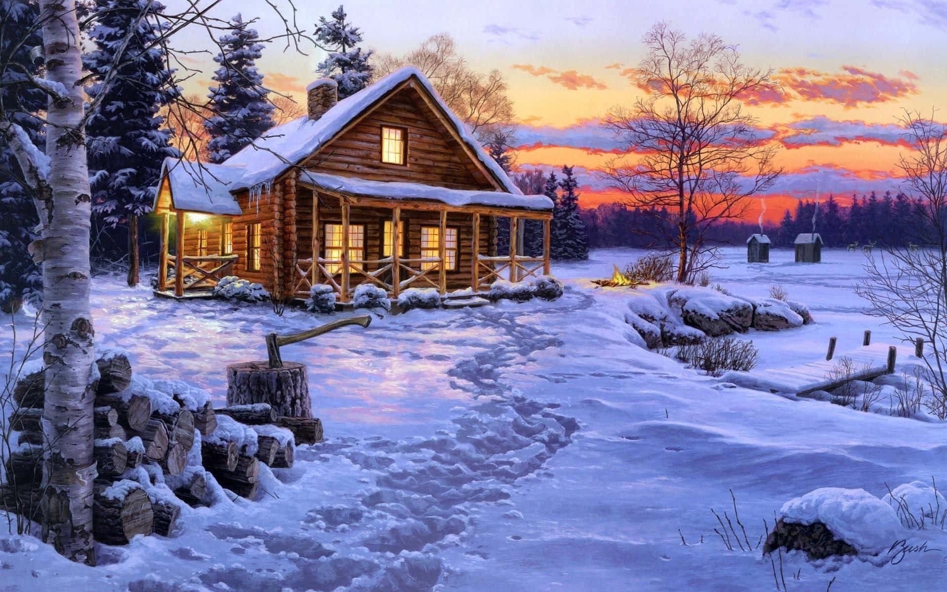 A Snowy Cozy Winter Cabin in the Woods Wallpaper