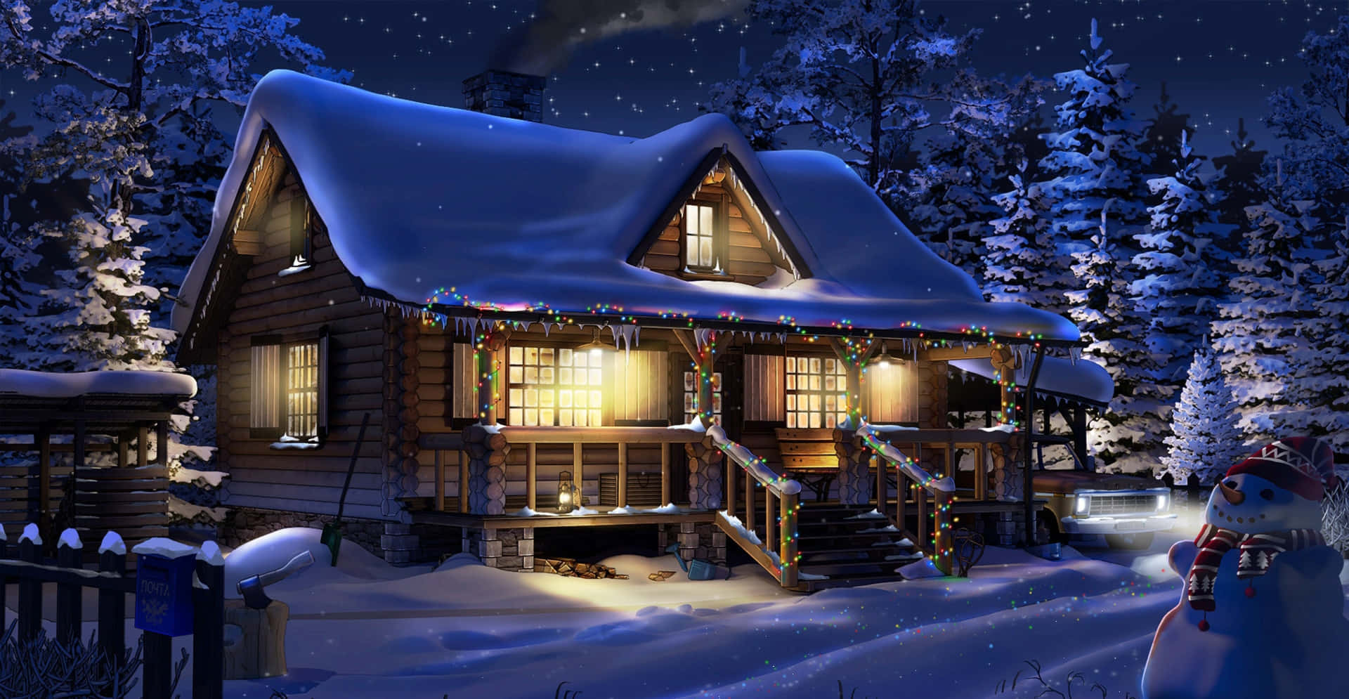 A warm and inviting cozy winter cabin nestled in snow-covered woods. Wallpaper