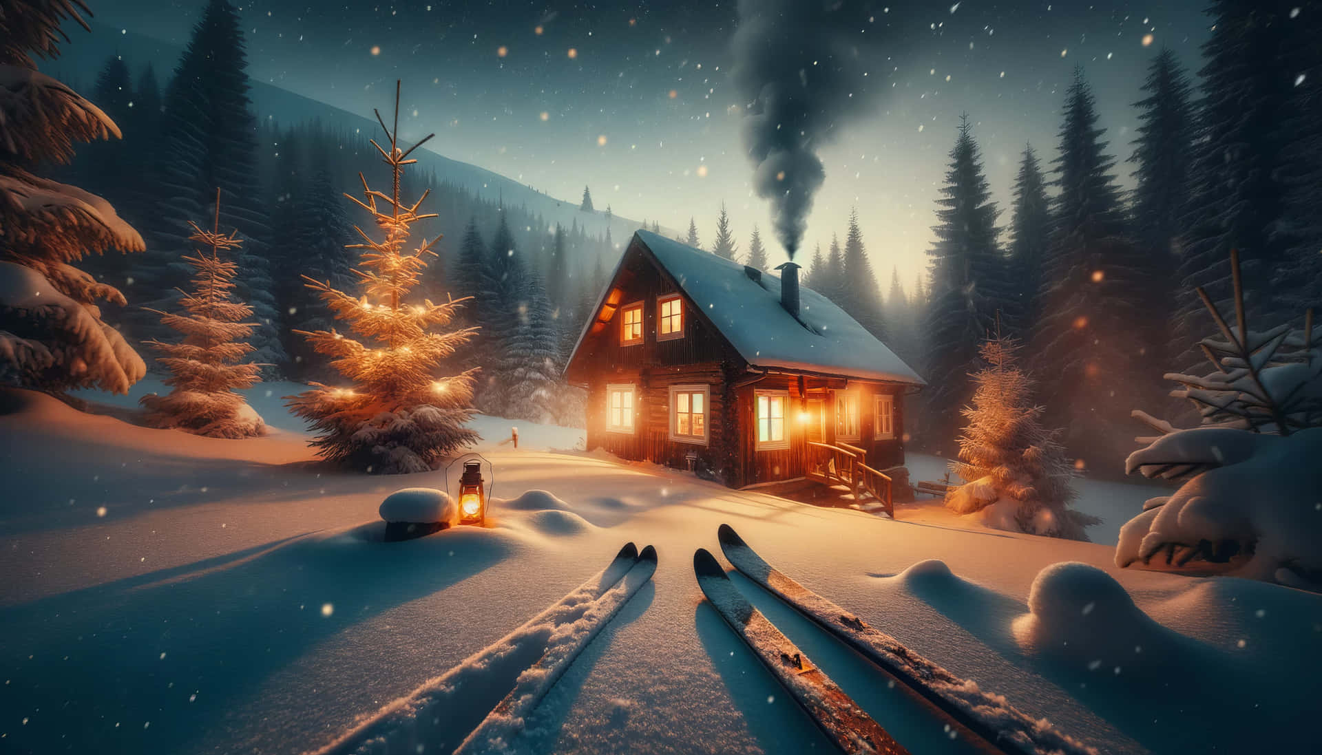 Cozy Winter Cabin Night Snowfall Wallpaper