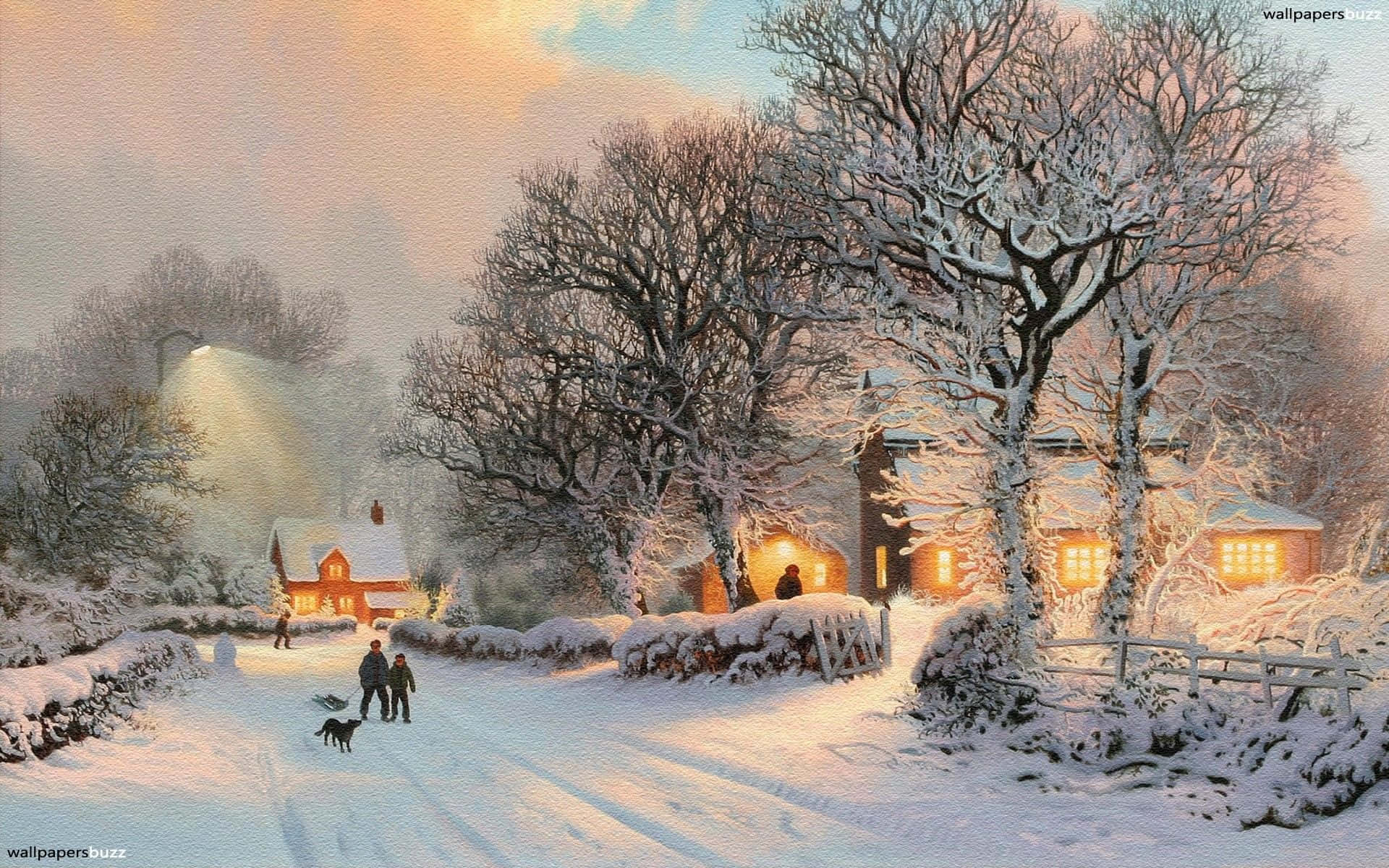 Cozy Winter Scene Painting Desktop Wallpaper