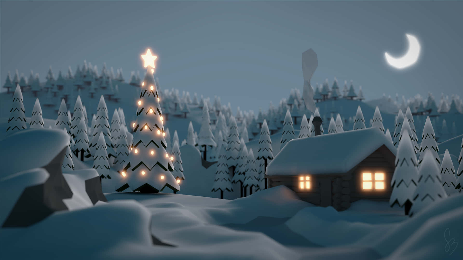 Umacena De Natal Com Uma Casa E Uma Árvore. Papel de Parede