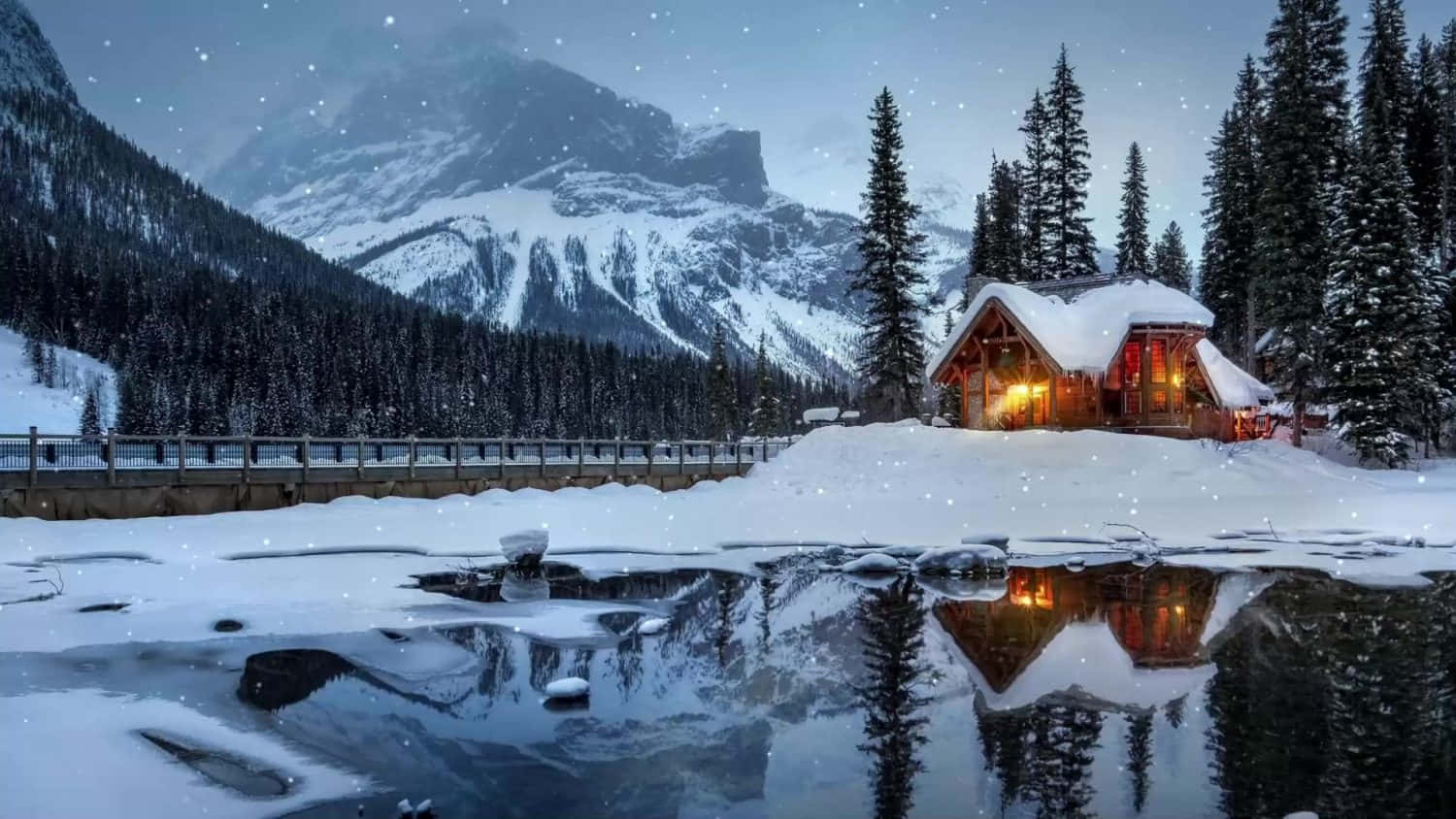 Cozy Winter Cabin Inthe Lake Desktop Wallpaper
