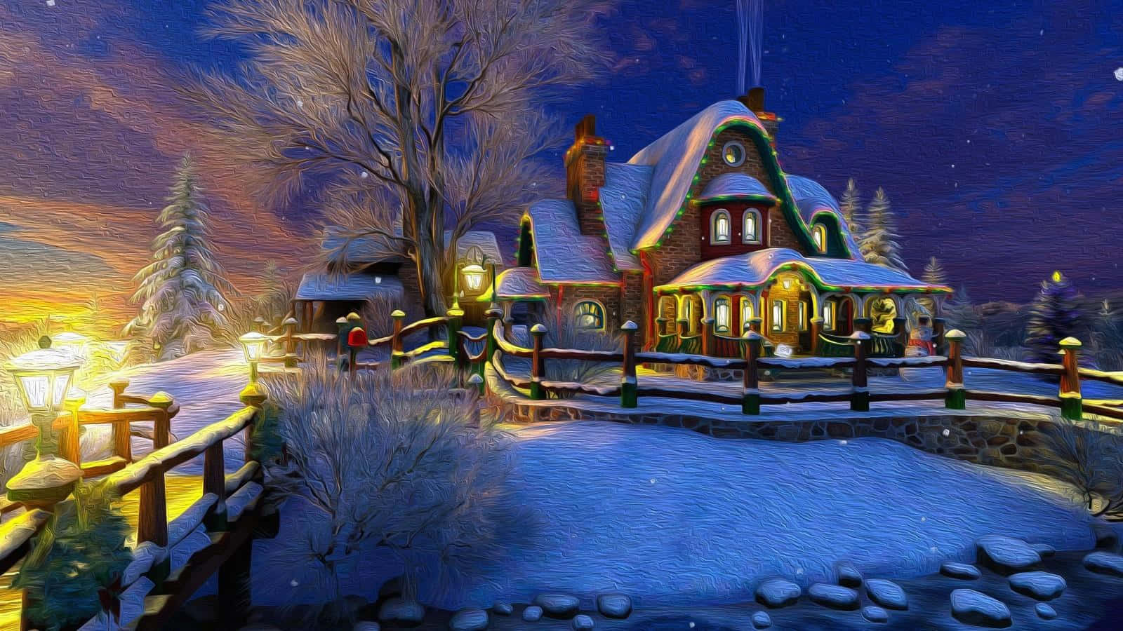 A Christmas Scene With A House And A Bridge Wallpaper
