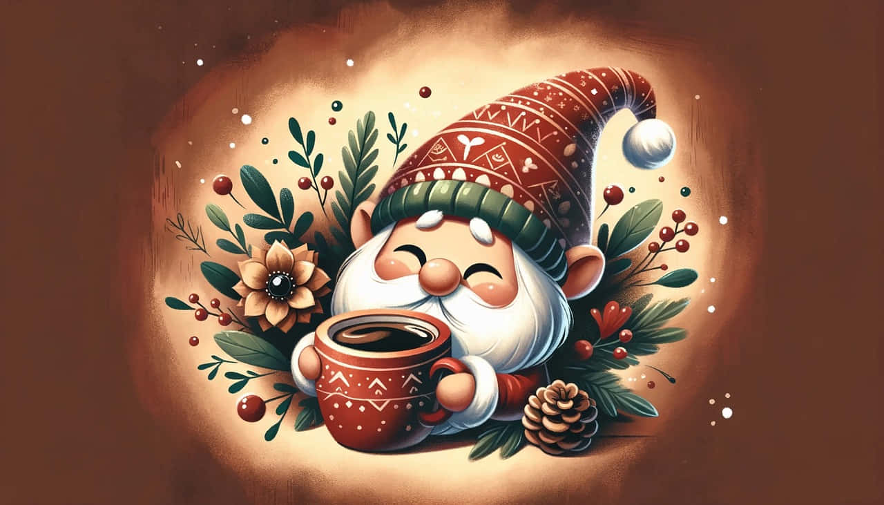 Cozy Winter Gnome Holding Mug Wallpaper