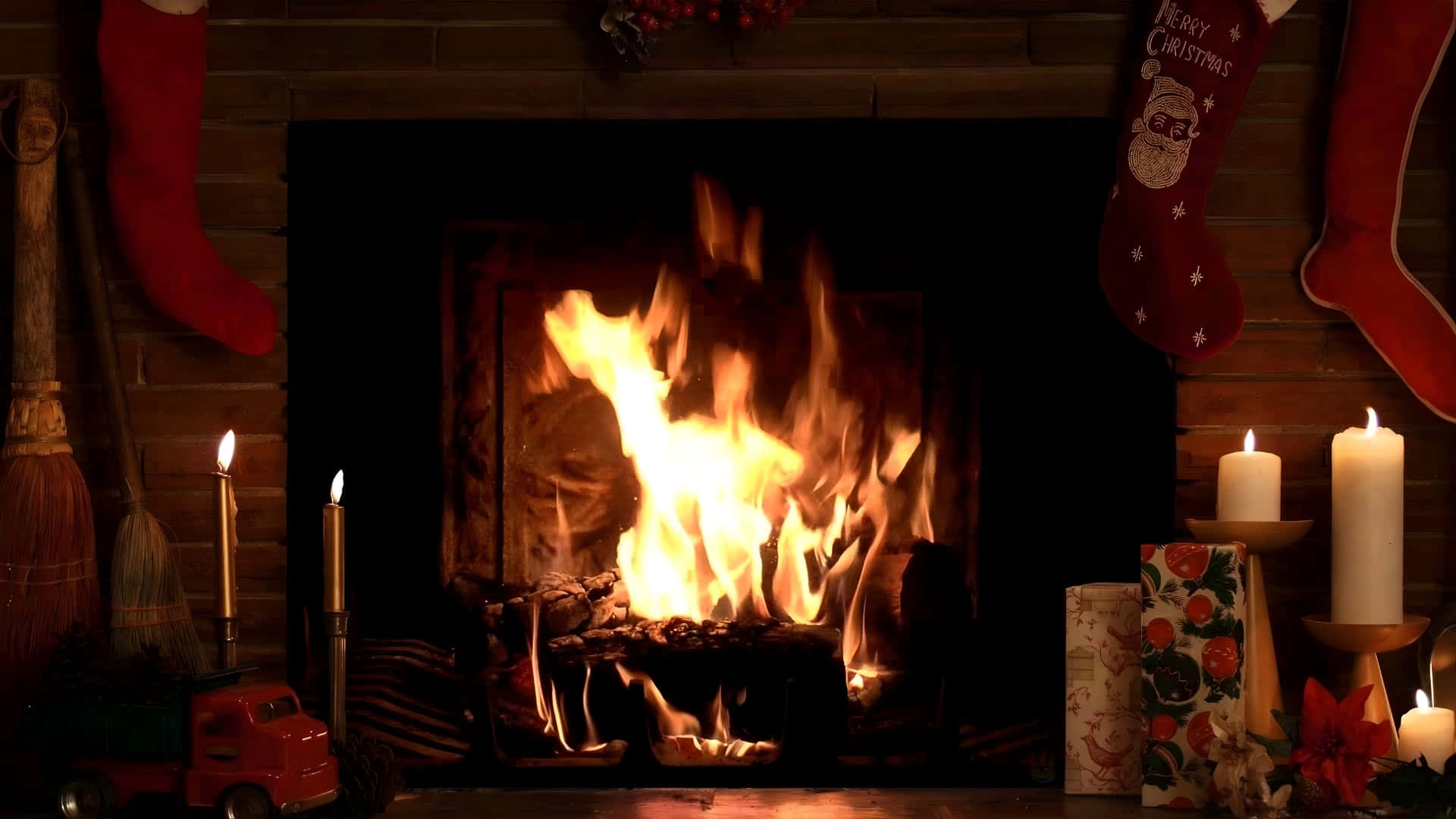 Cozy Yule Log Fireplace Wallpaper