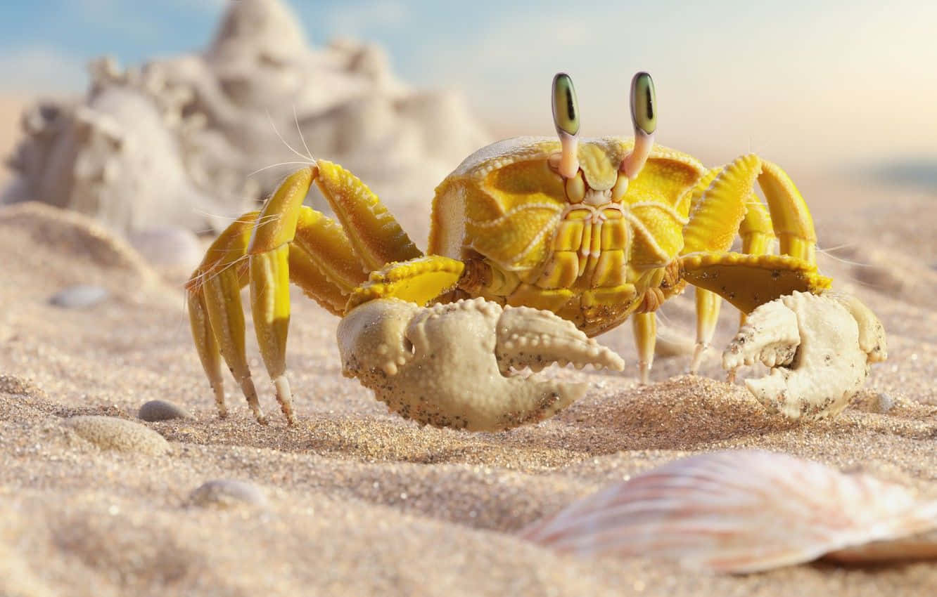 A Crab Is Walking On The Sand With Shells