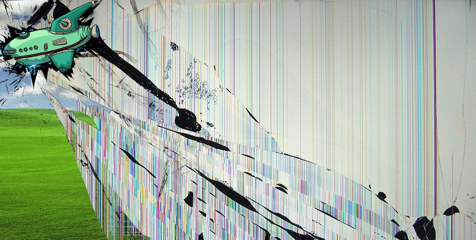 Cracked Computer Screen Bliss Spaceship Wallpaper