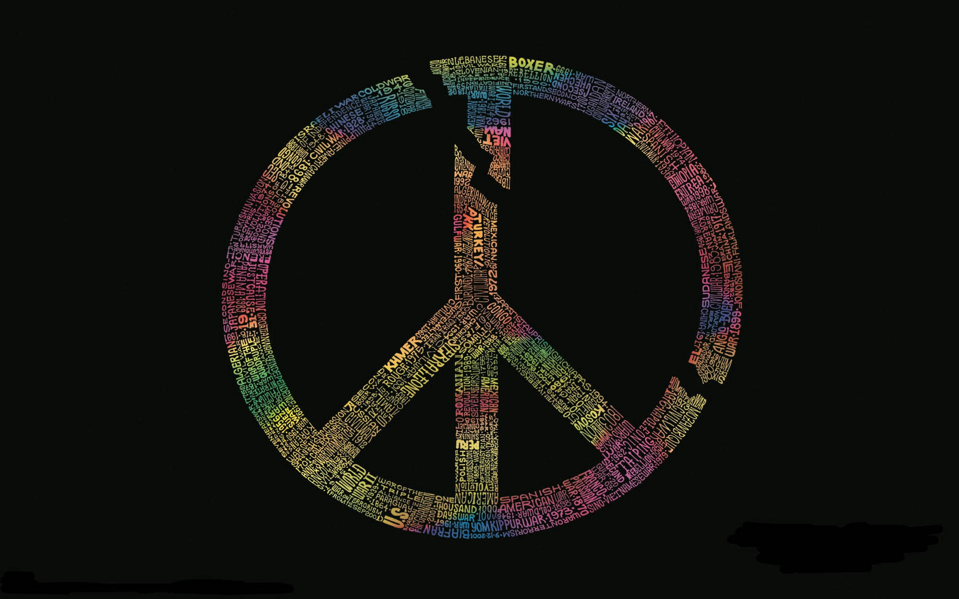 Cracked Peace Symbol Rainbow Words Wallpaper