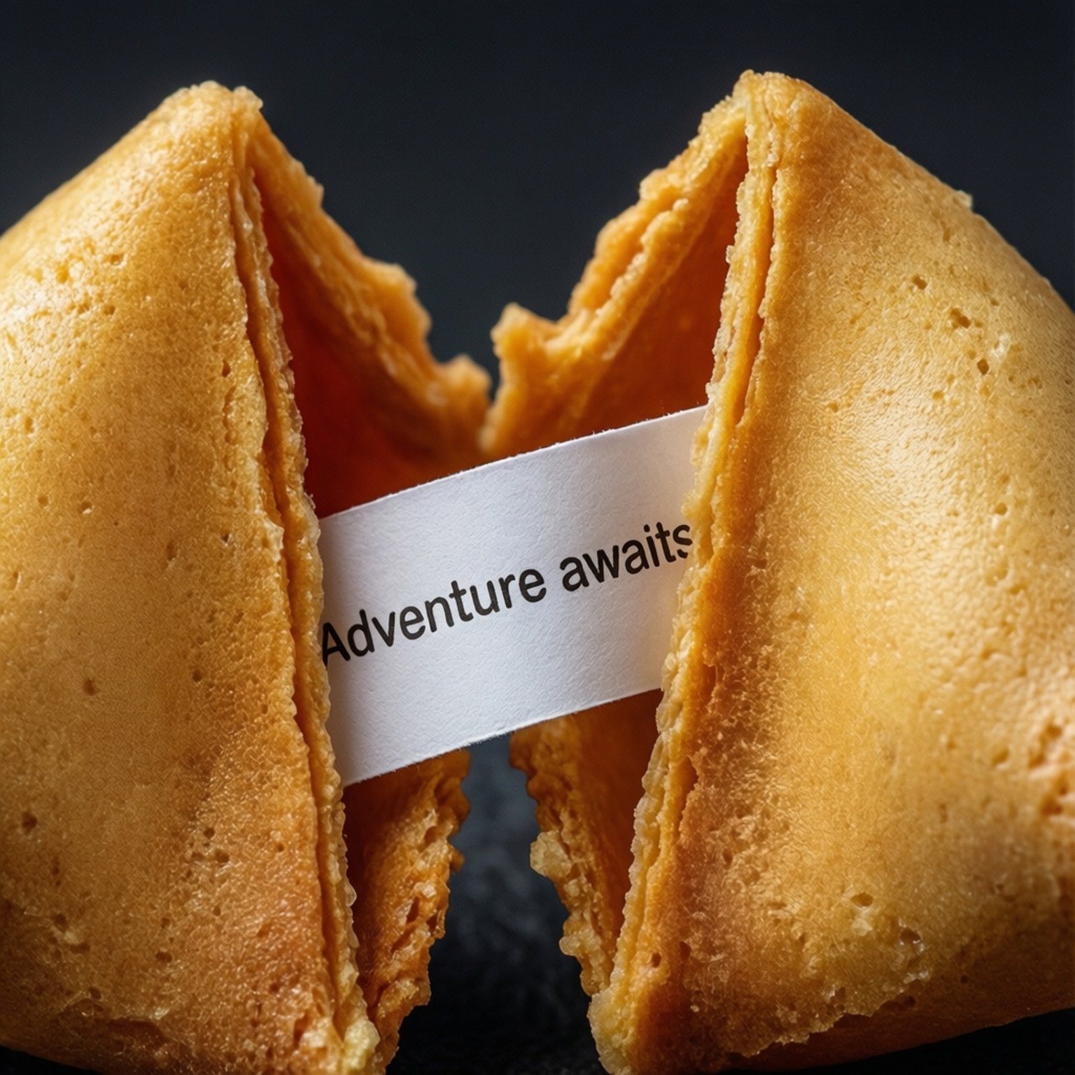 Extreme macro of a fortune cookie being cracked, revealing a fortune.