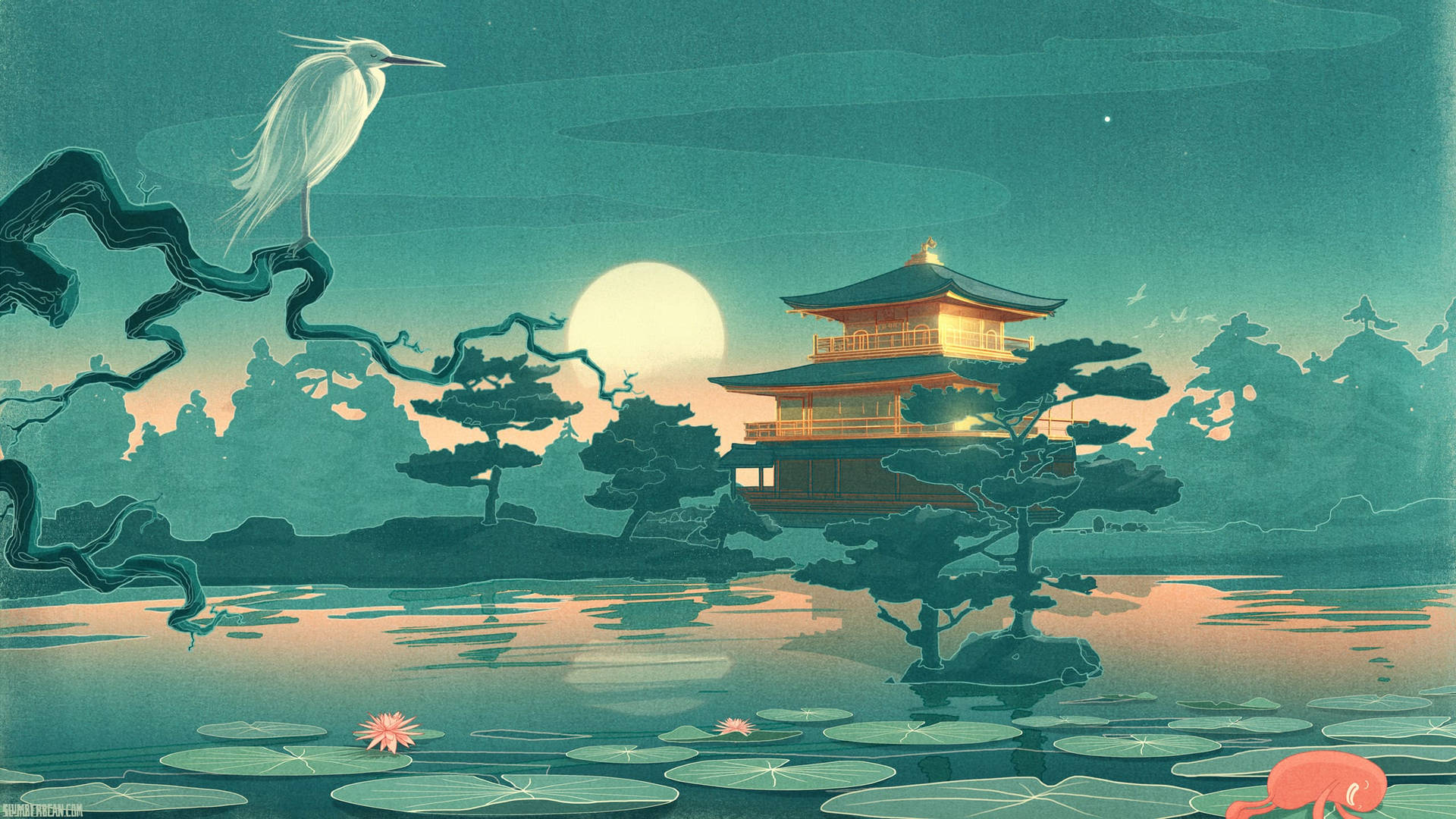 Crane In Lake Japanese Art Background