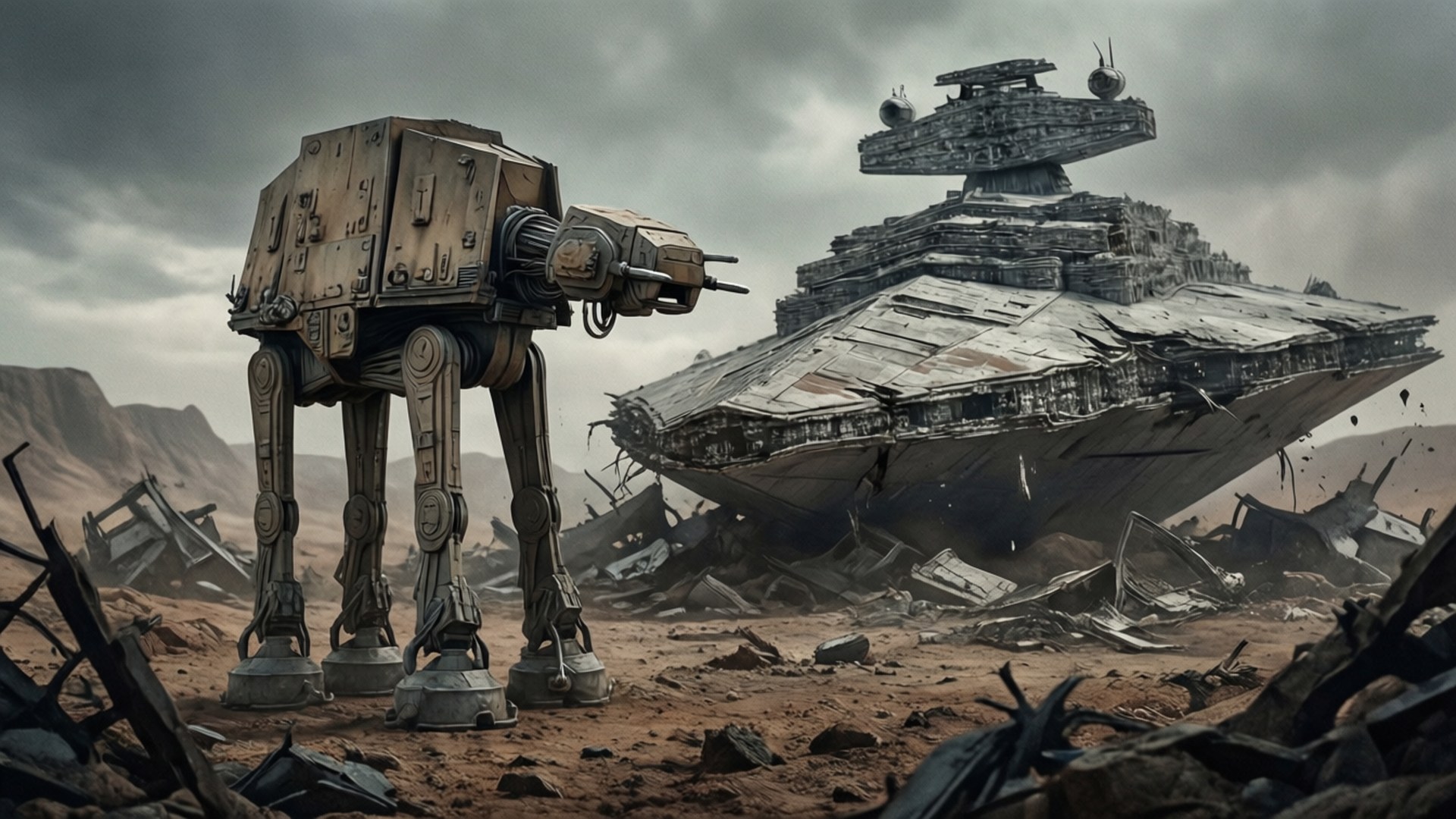 AT-AT walker ved siden av en krasjet Star Destroyer på en gold planet.