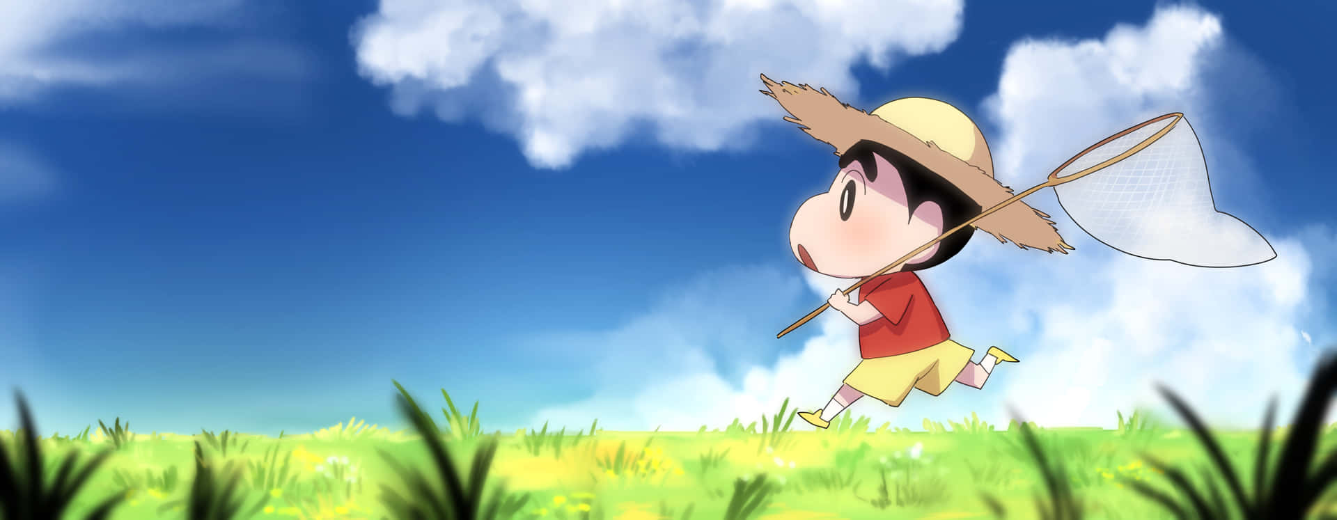 A Cartoon Boy Is Walking Through A Field With A Net