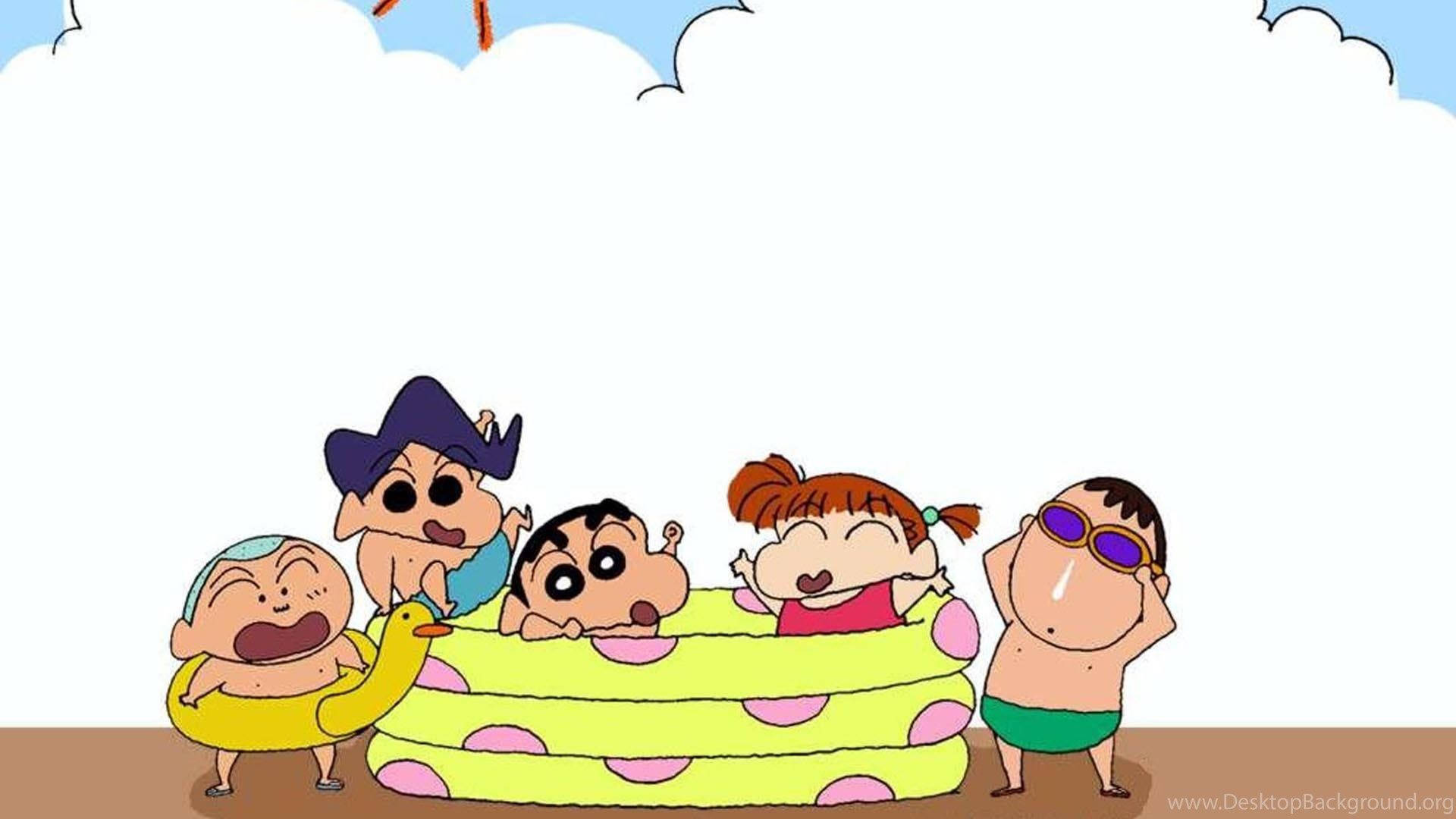 Crayon Shin Chan Characters In Pool Background
