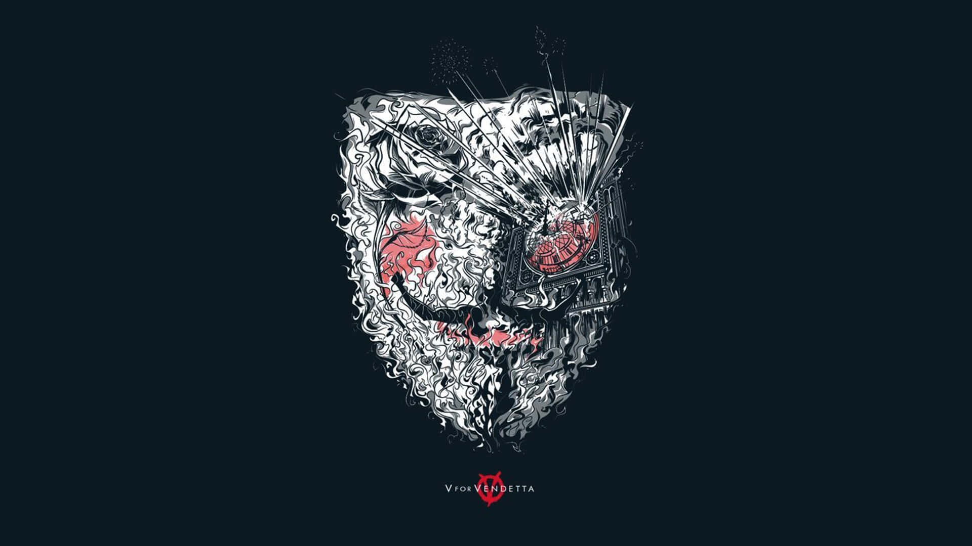 A Black And White Image Of A Mask With Red Eyes Wallpaper