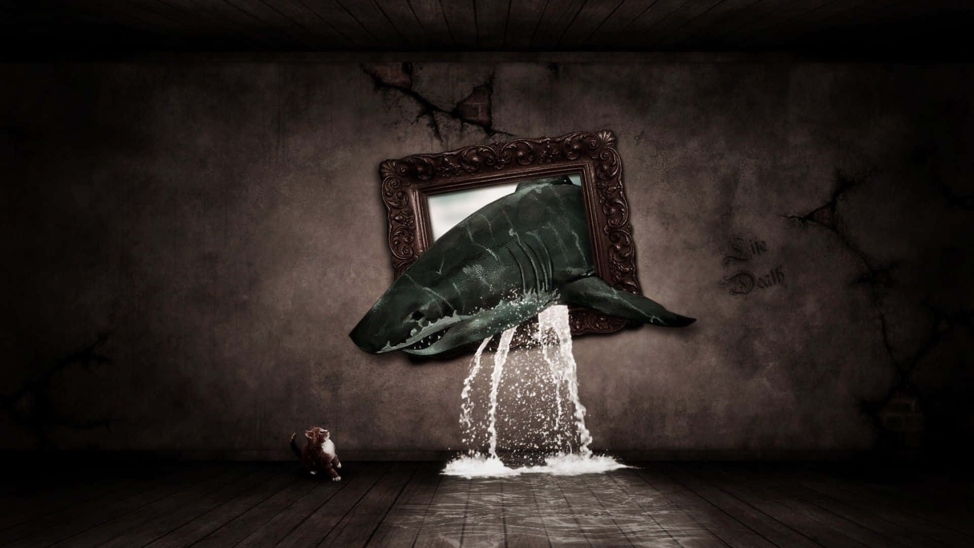 Et billede af en hval i et rum med vand der kommer ud af det Wallpaper