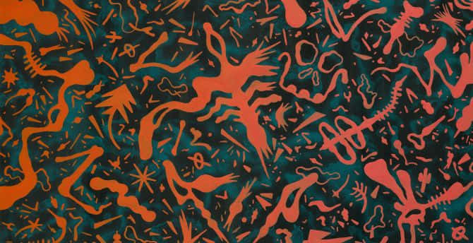 A Painting With Orange And Black Shapes On It Wallpaper