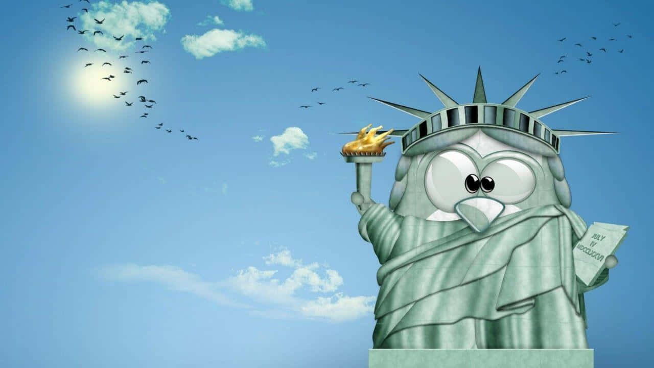 A Cartoon Statue Of Liberty With Birds Flying Around It