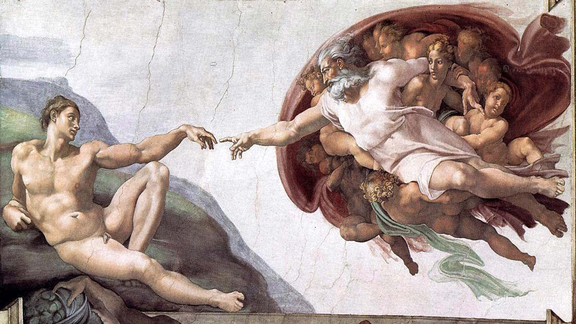 Michelangelo's iconic Creation Of Adam, currently undergoing restoration for future generations. Wallpaper