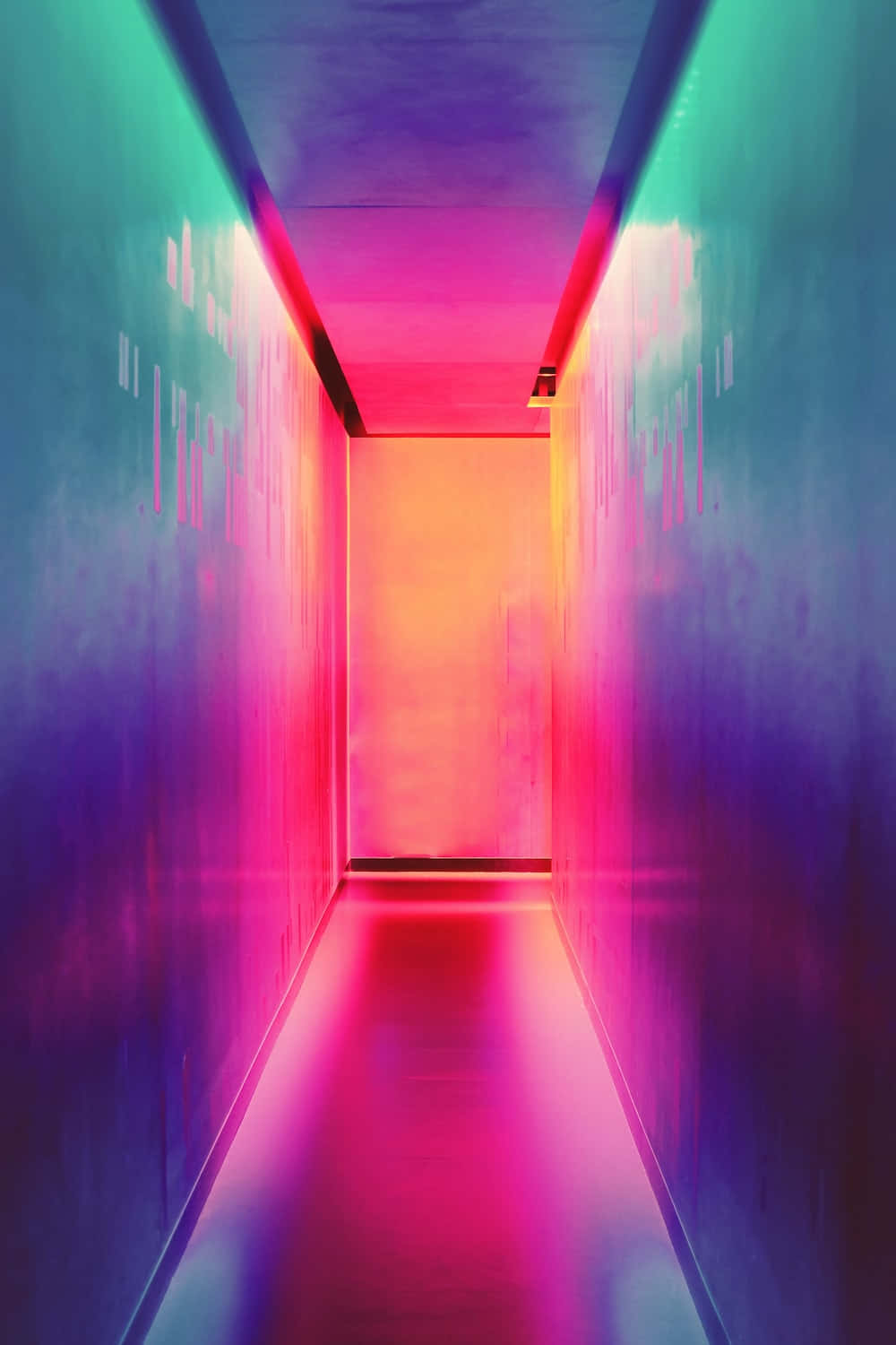 A Neon Lit Hallway With A Blue Wall