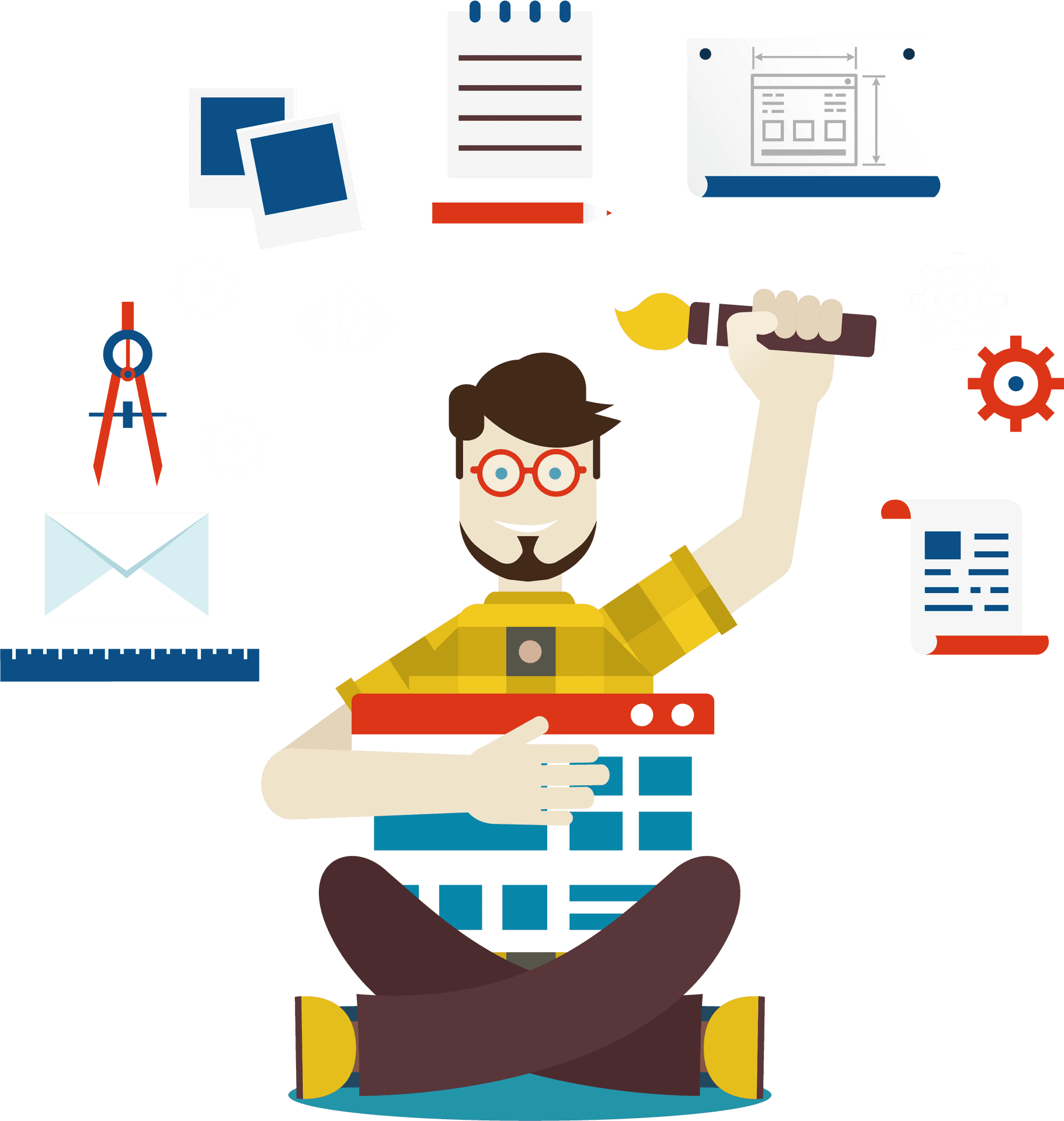 Geanimeerd personage dat een ontwikkelaar voorstelt omringd door pictogrammen van webontwikkeling en ontwerp, zoals codehaken, penseel, tandwielen en documenten.