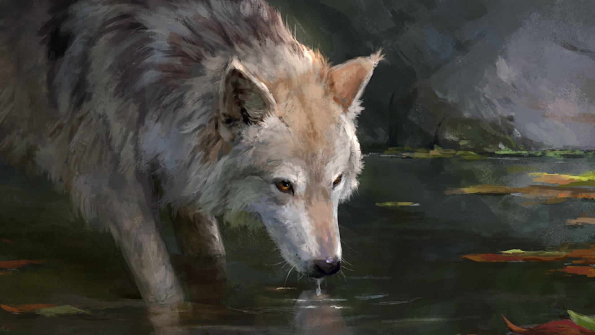 Creative Illustration Of Wolf Drinking Water Wallpaper