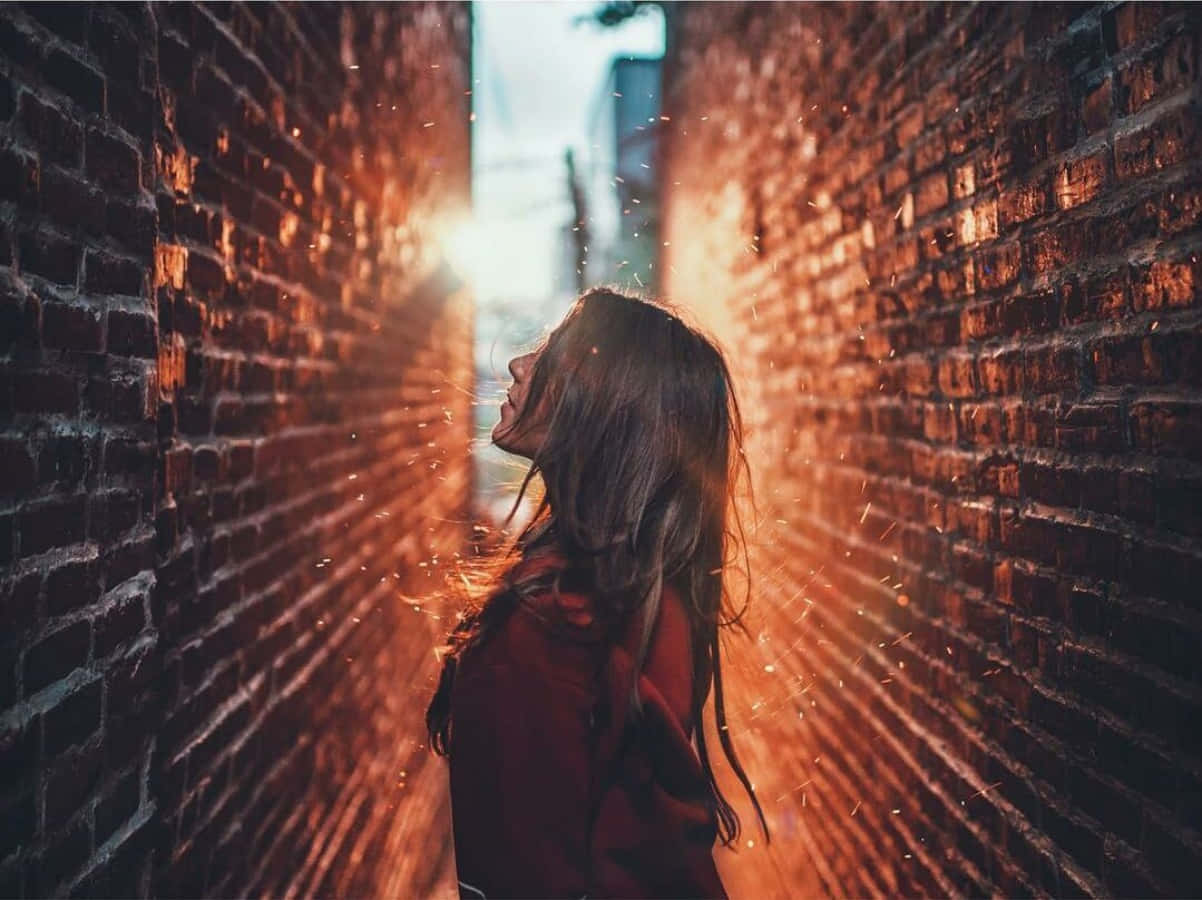 A Woman Looking Out Of A Brick Alleyway
