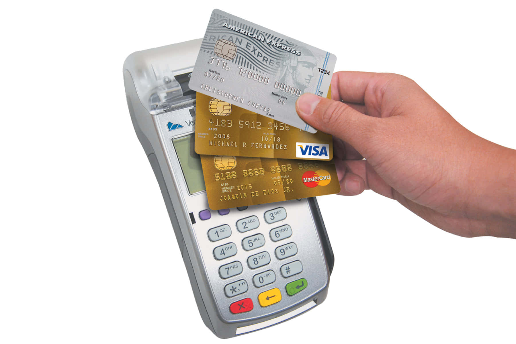 Enperson Holder Et Kreditkort Og En Maskine.