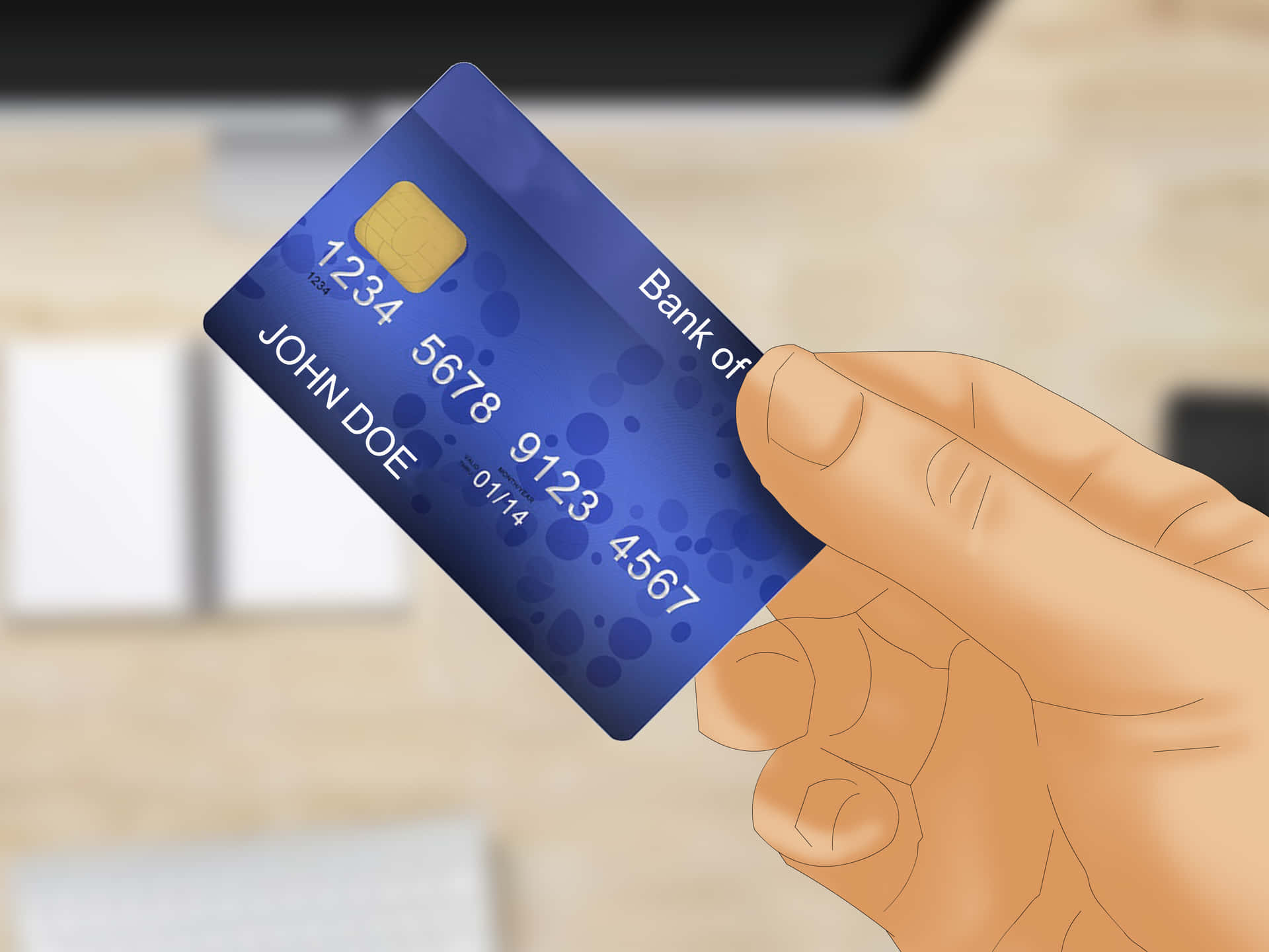 Enhand Som Håller I Ett Kreditkort Framför En Dator