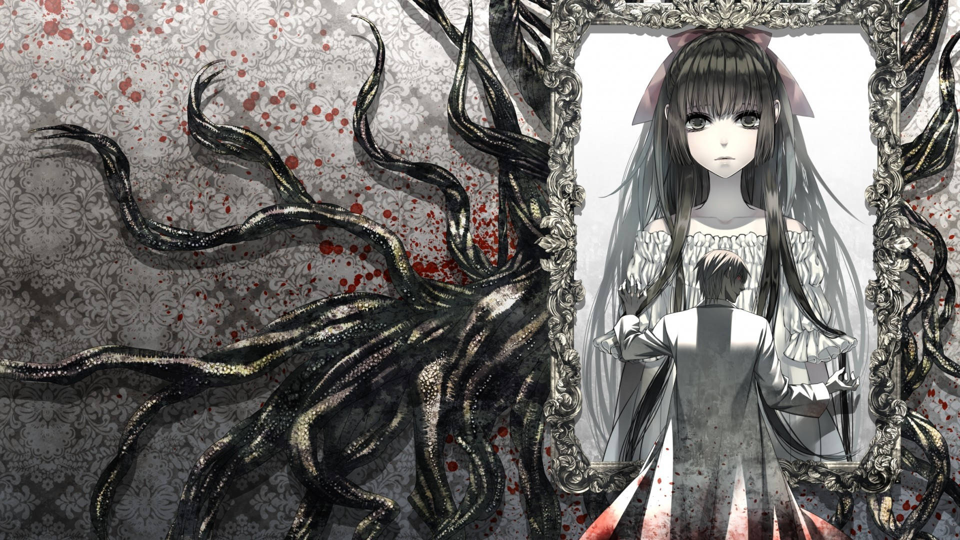 Creepy Anime Gothic Girl Monochrome Portrait Background