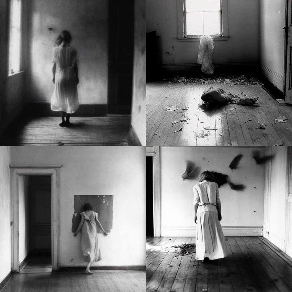 A Woman In A White Dress Is Standing In An Empty Room