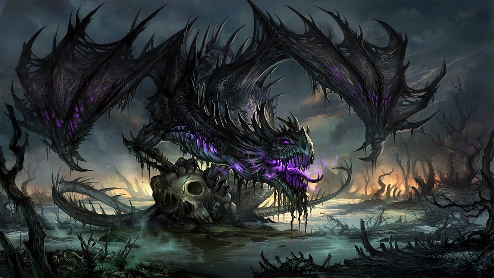 Creepy Black Purple Dragon Wallpaper