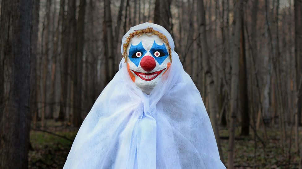 A Clown Dressed In White Is Standing In The Woods