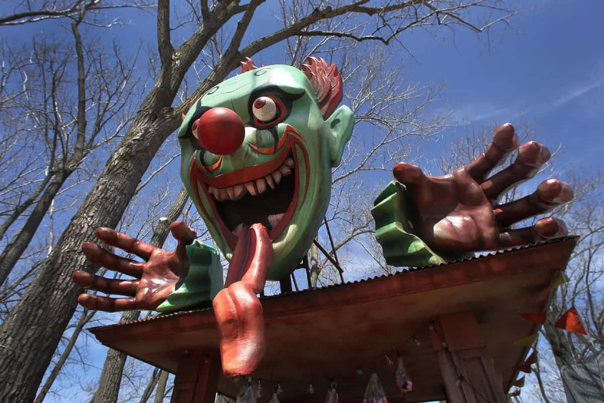 A Clown Statue With His Mouth Open In The Woods