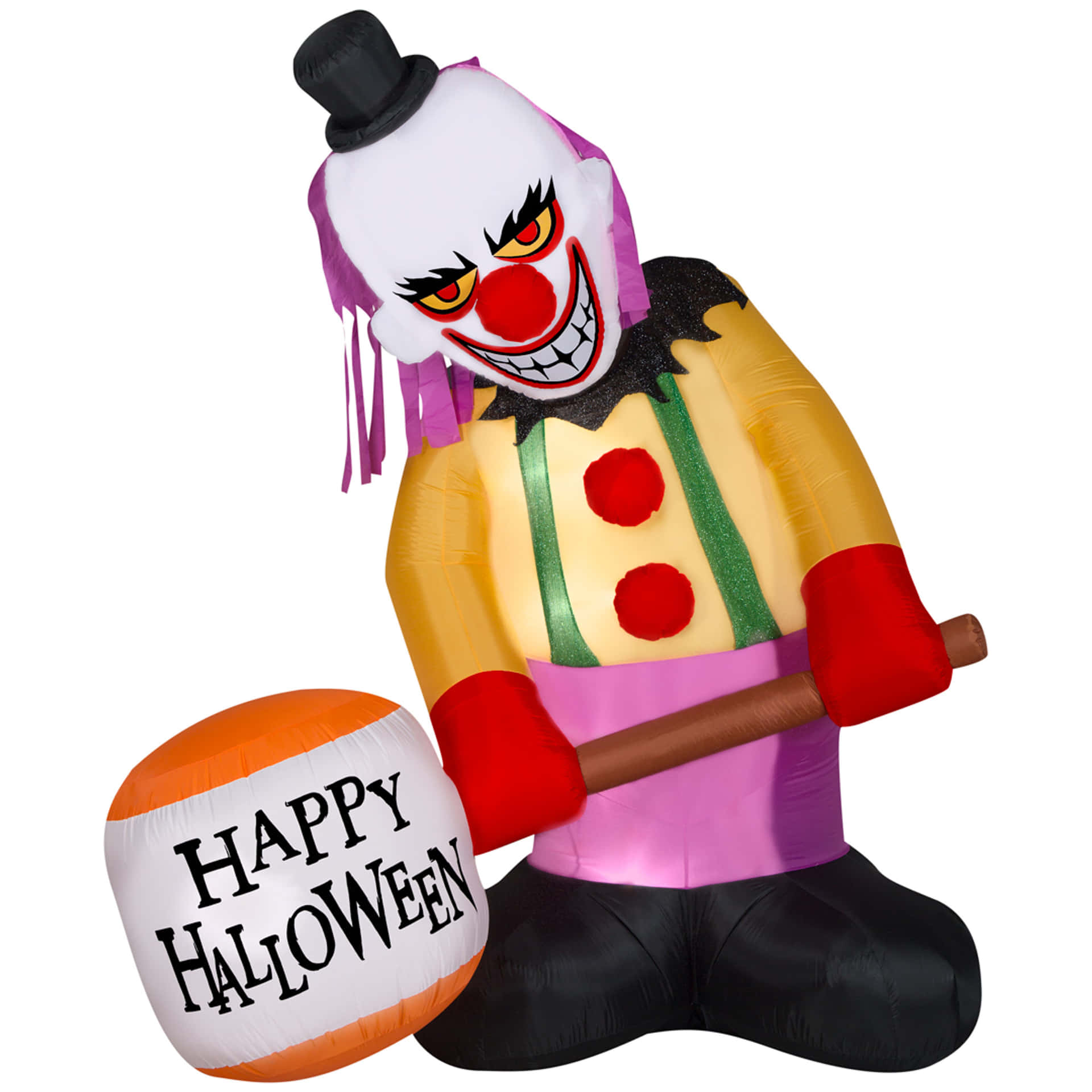 a clown holding a ball and a happy halloween sign