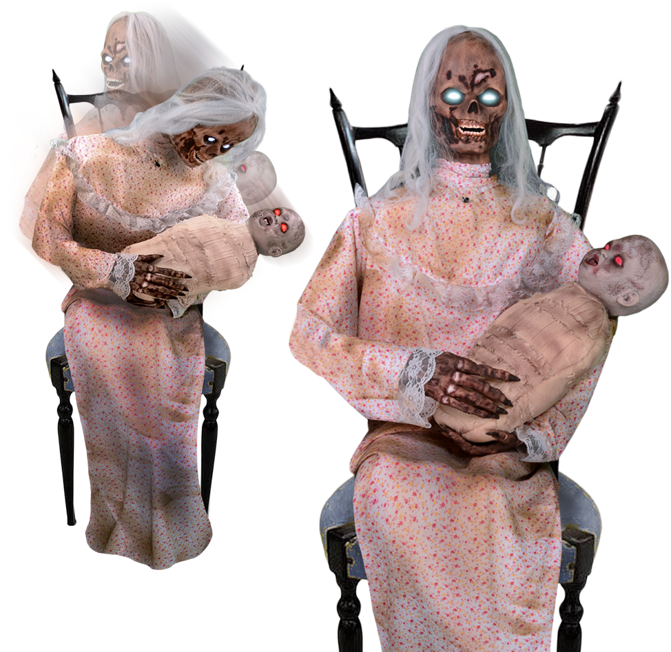 Creepy Granny Holding Doll PNG