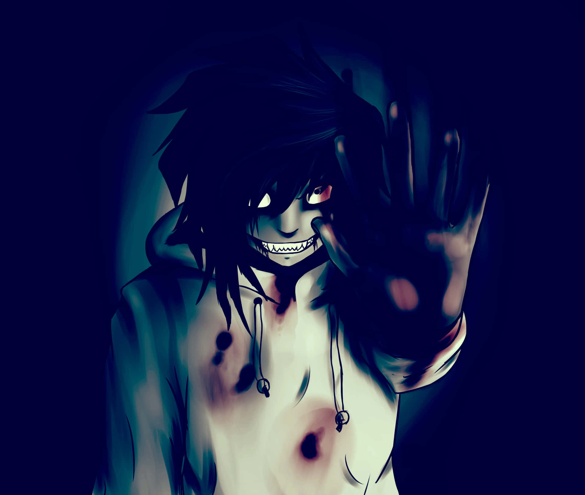 En mørk anime-karakter med hænderne i vejret. Wallpaper