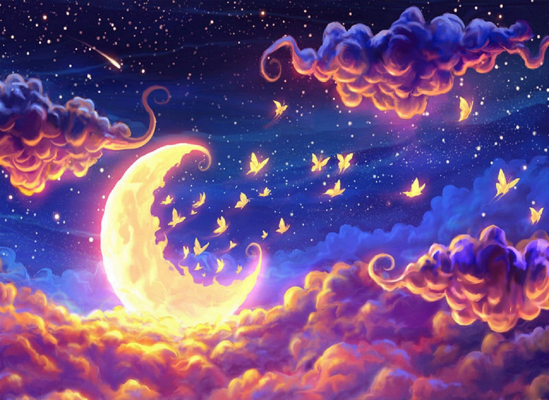 Crescent Moon Night Butterfly Wallpaper