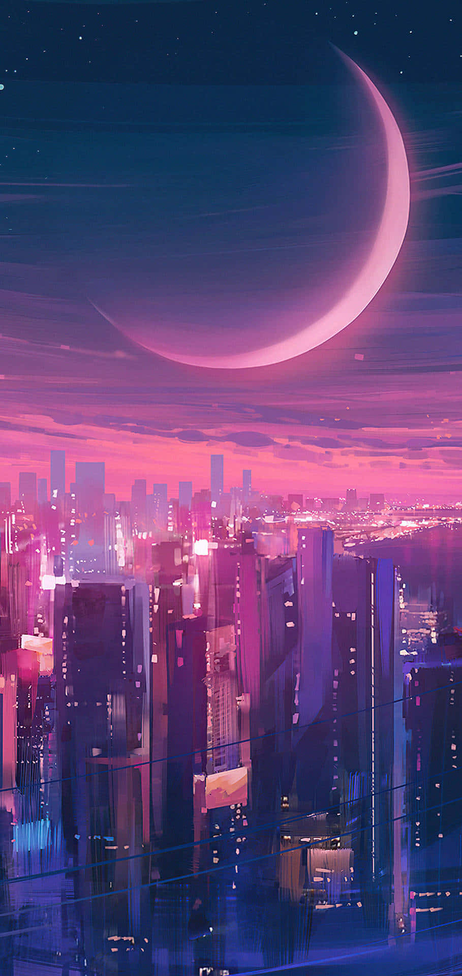Crescent Moon Over Futuristic Cityscape Wallpaper