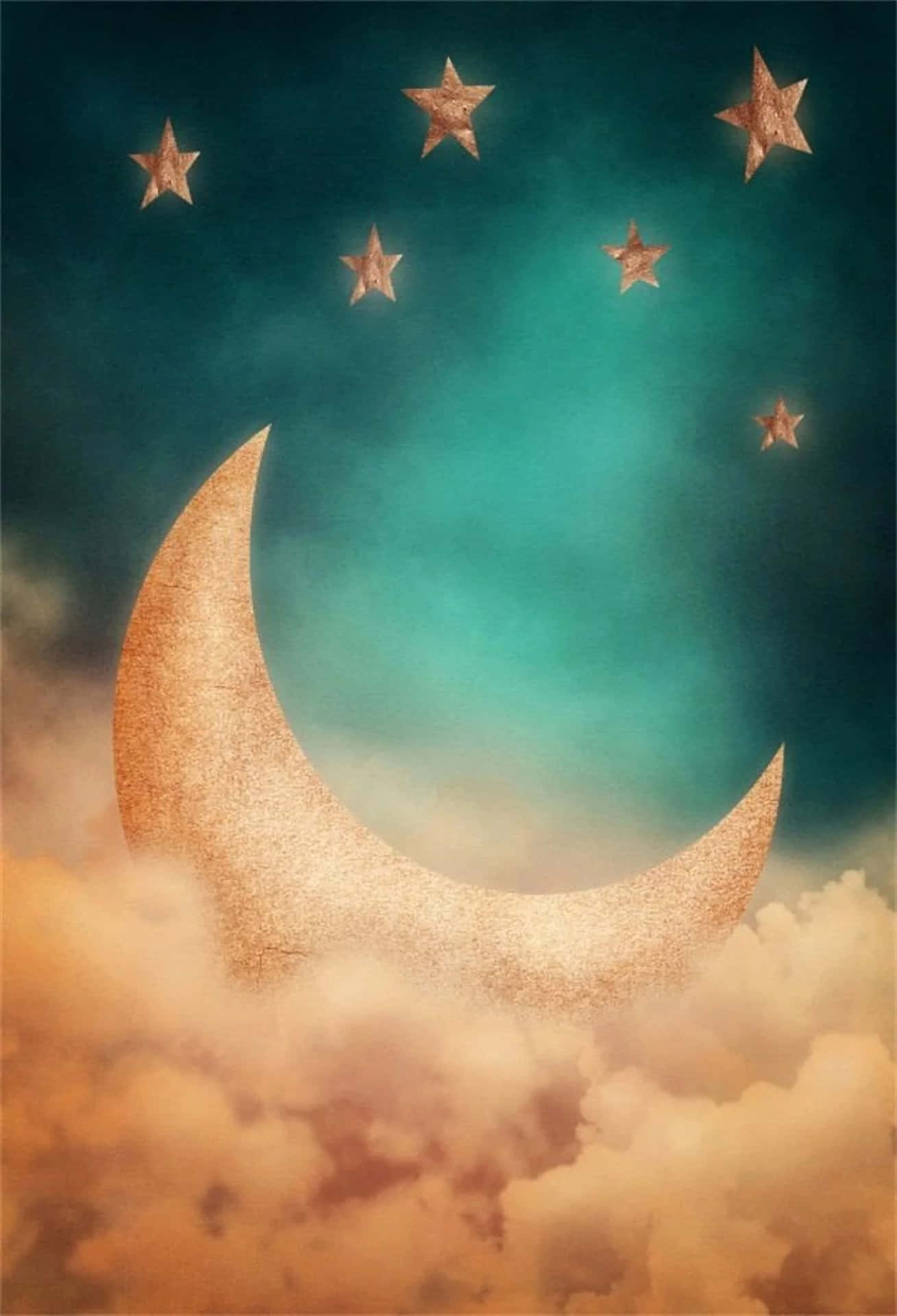 Crescent Moonand Stars Above Clouds Wallpaper