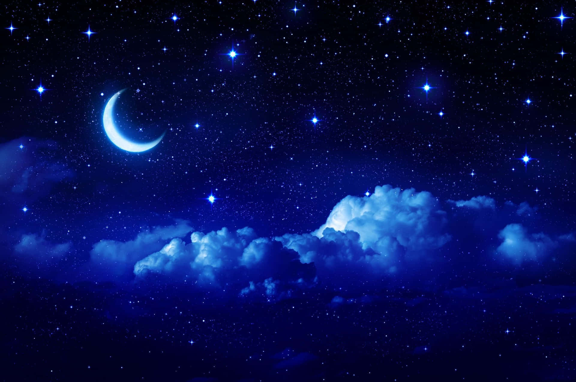 Crescent Moonand Stars Over Clouds Wallpaper