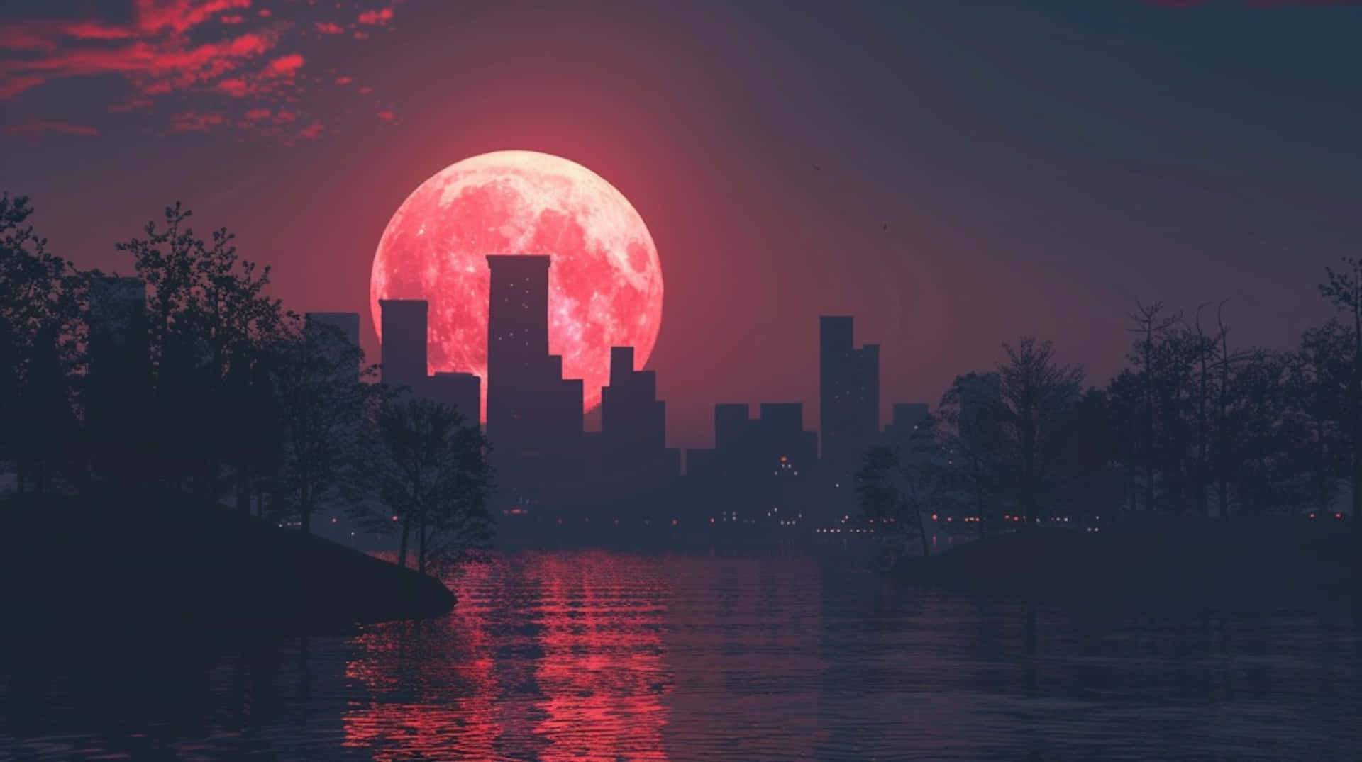 Crimson Moonset Over Cityscape Wallpaper
