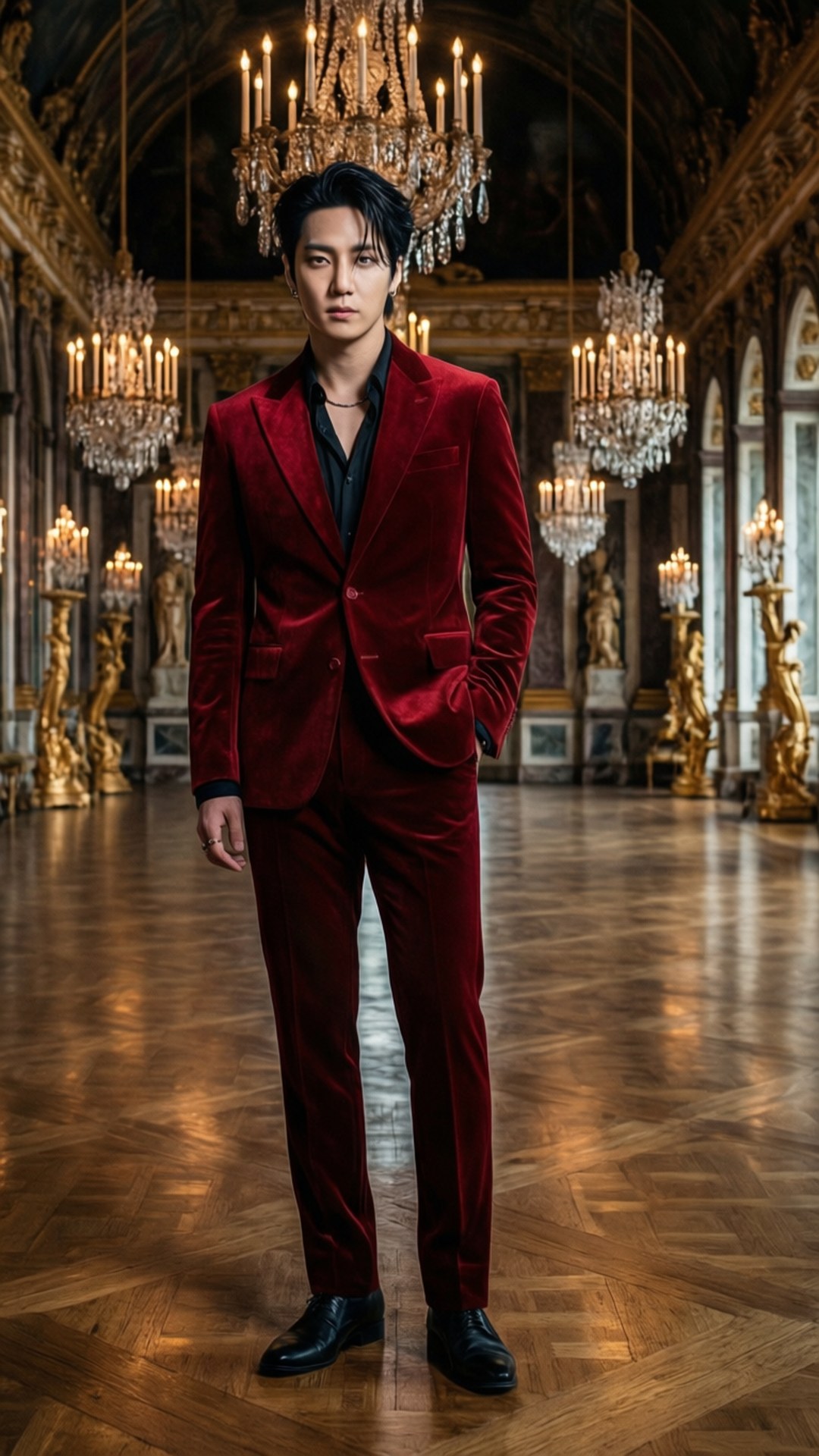 G-Dragon i en rød fløyelsdress i et storslått ballsal.