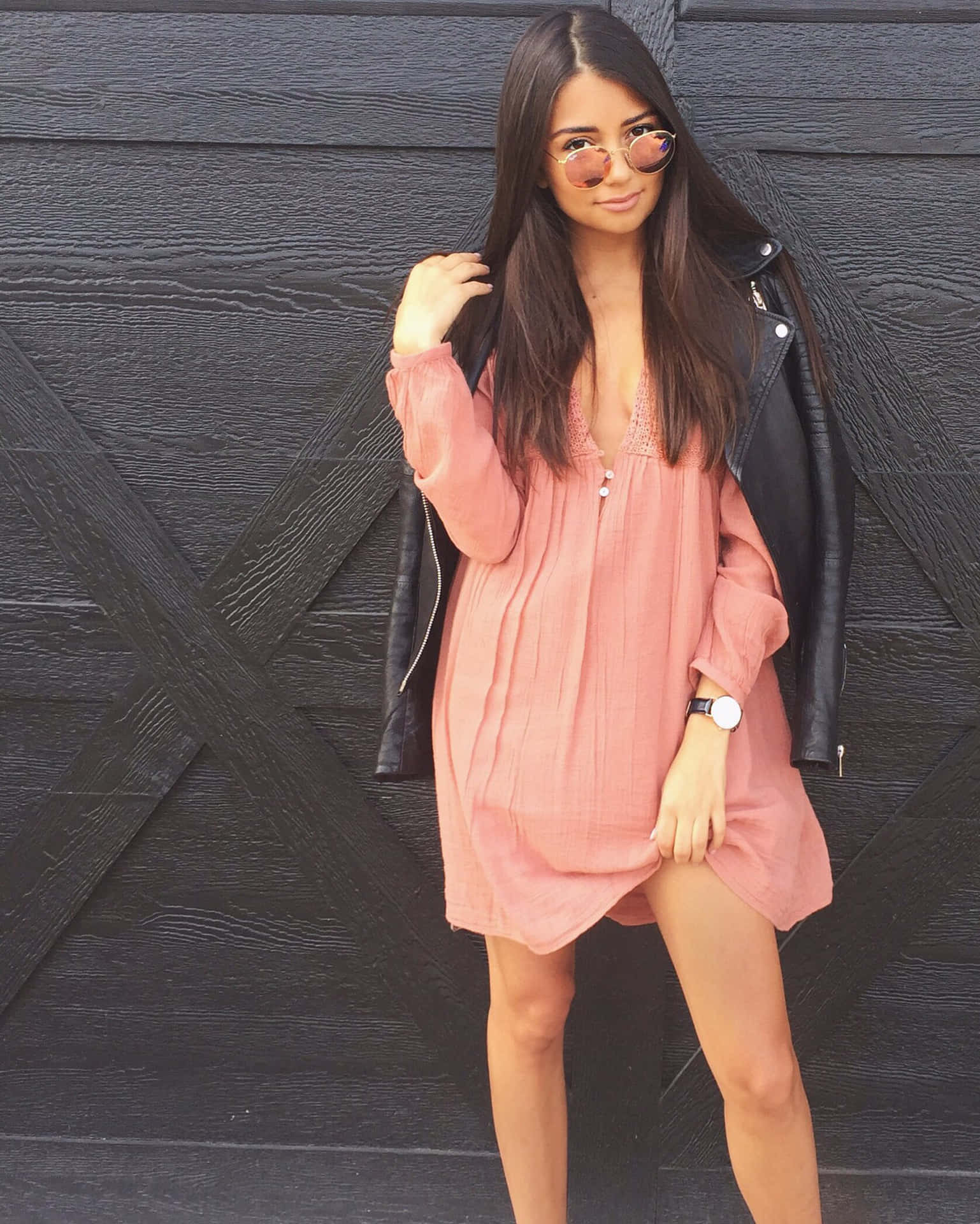 Cristine Prosperi Pink Dress Leather Jacket Wallpaper