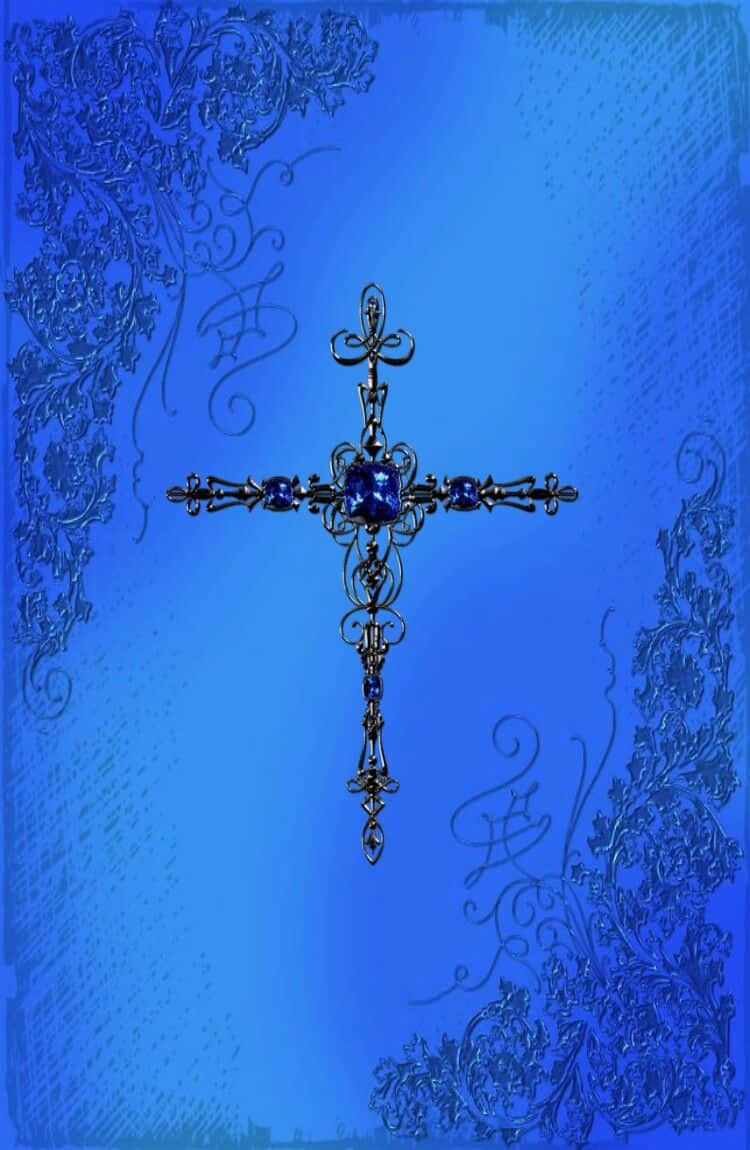 A Cross With Blue And Gold Ornaments On A Blue Background Wallpaper