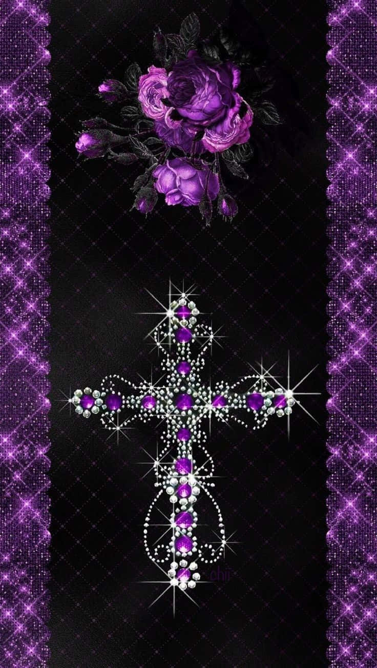 Purple Cross With Rhinestones On A Black Background Wallpaper