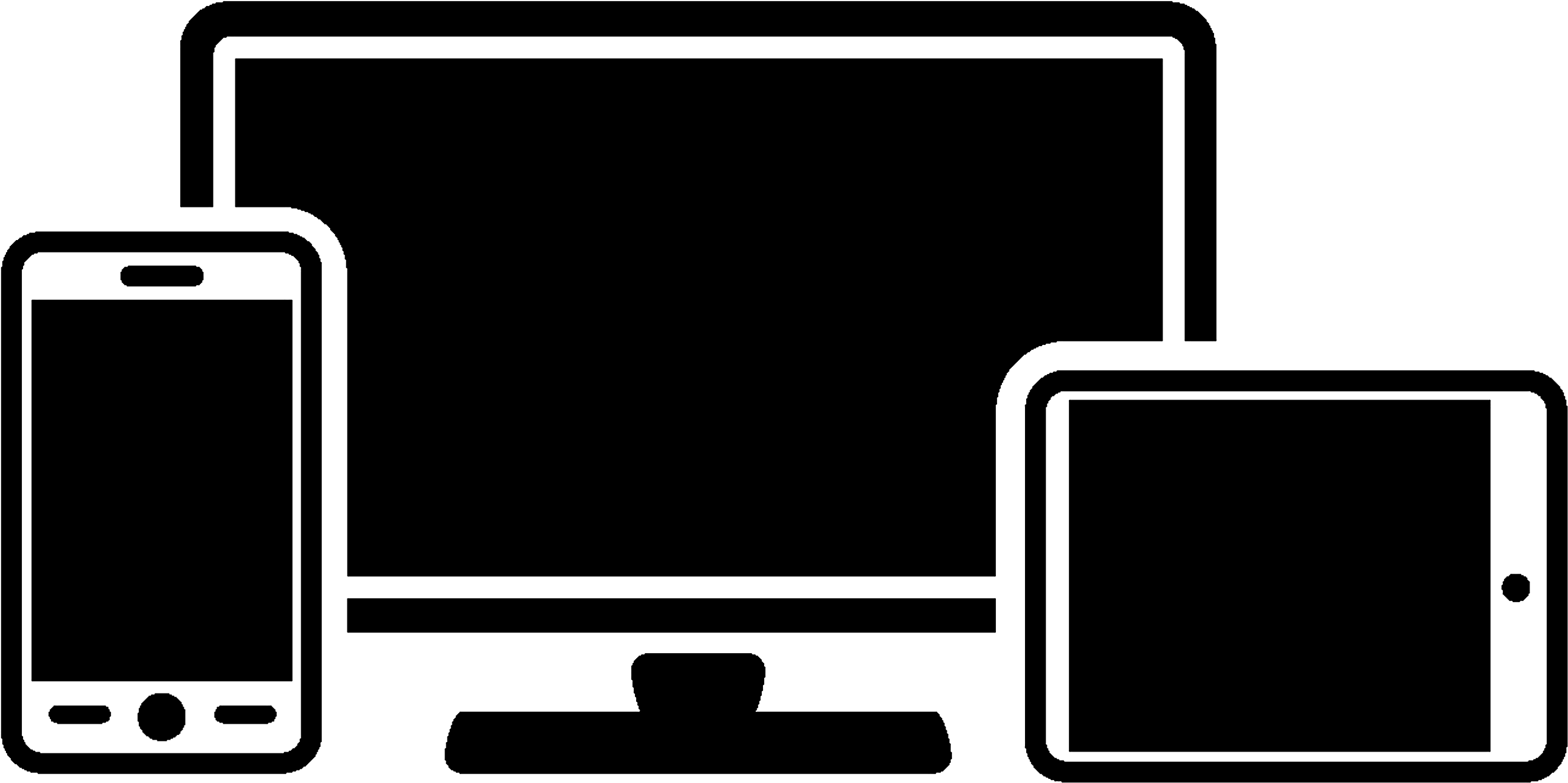 Vektorillustration eines Desktop-Computers, Smartphones und Tablets in Monochrom mit einem passenden Designästhetik, die plattformübergreifende Technologiekompatibilität symbolisiert.