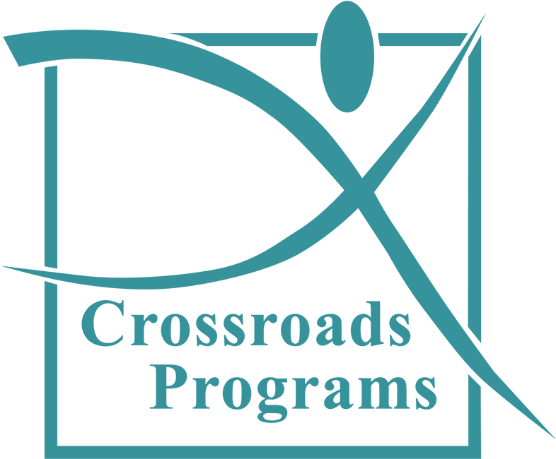 Crossroads Programs Logo PNG — Teal abstract logo with stylized human figure and text Crossroads Programs on black background.