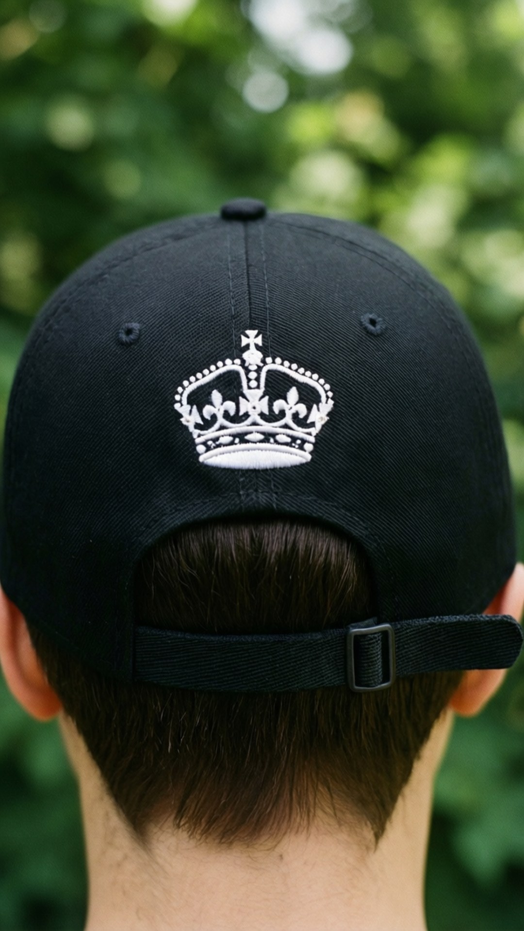 Bagfra set person iført sort kasket med hvidt kronelogo udendørs.