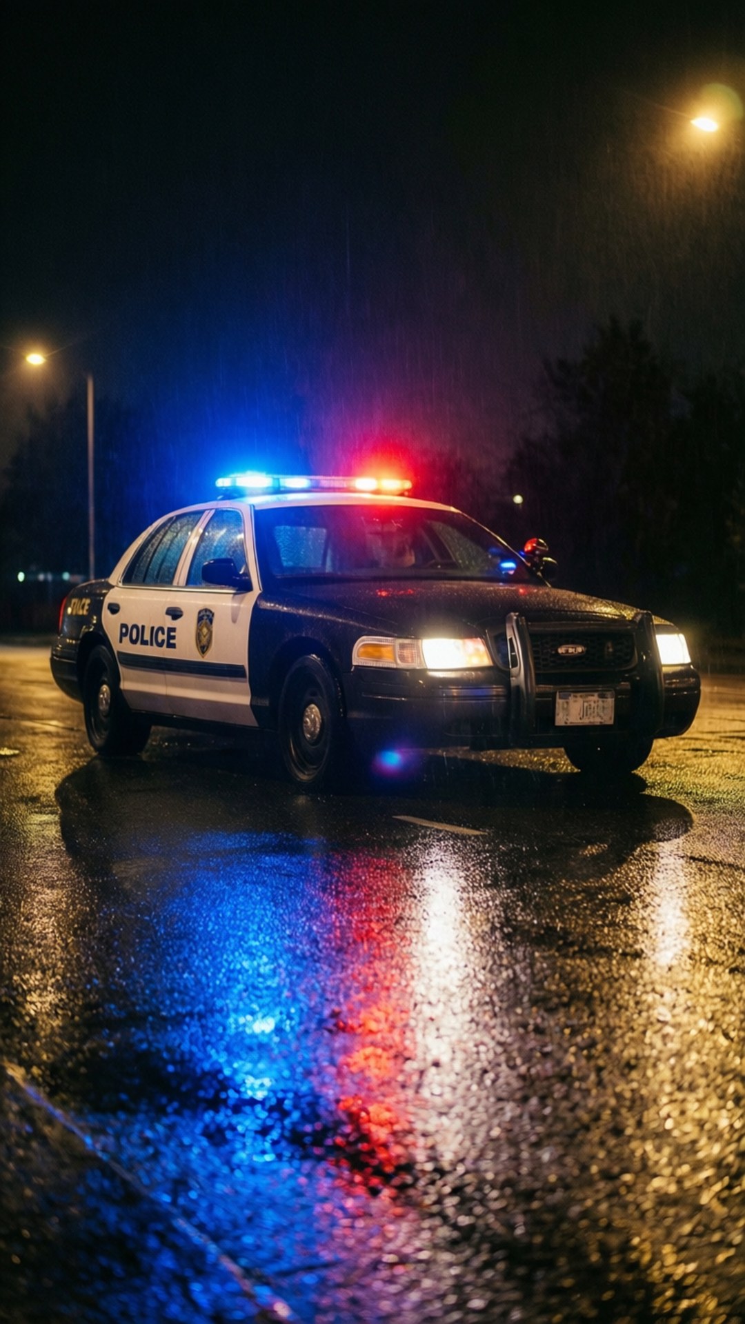 Reflections of police cruiser lights on a wet street at night.